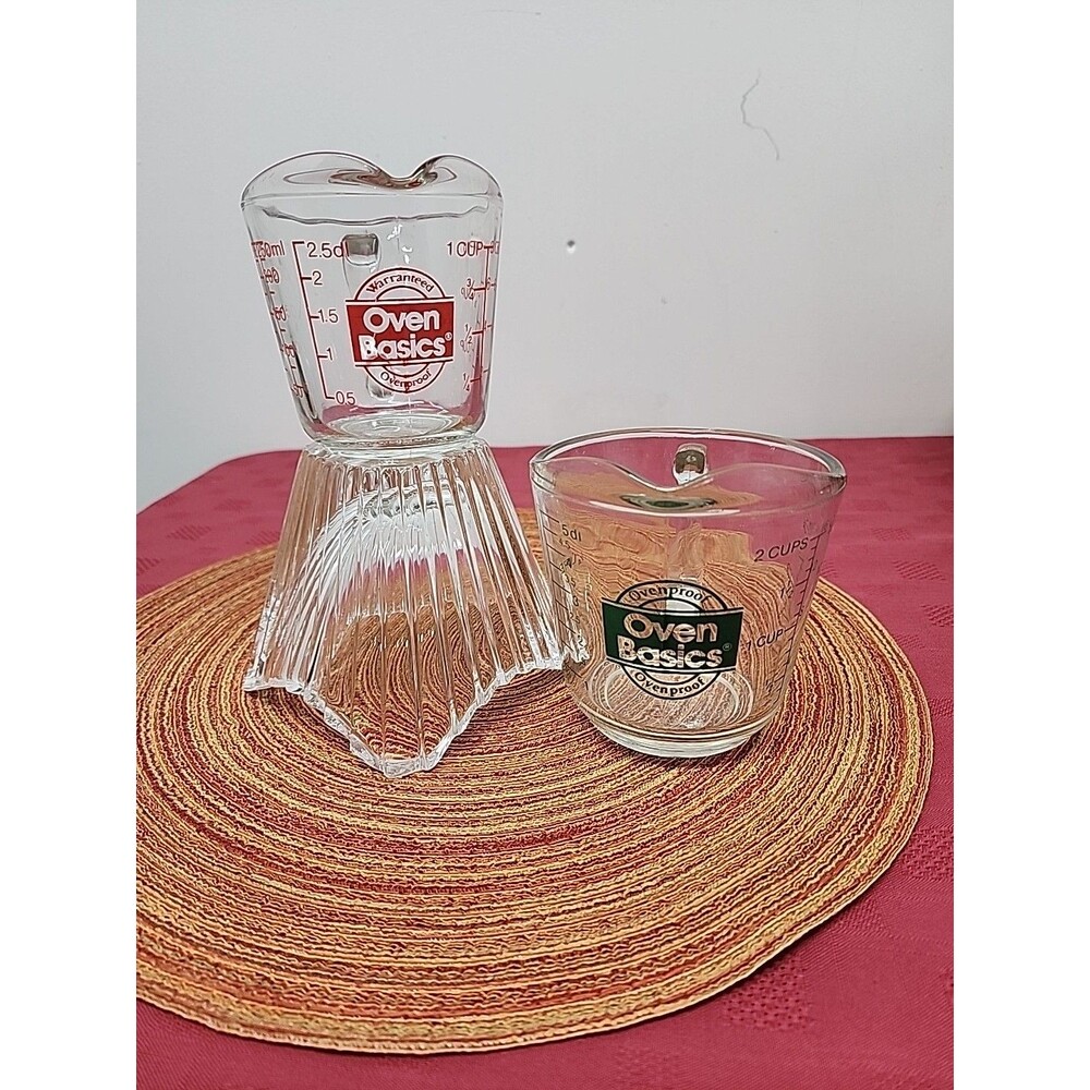 Vintage Anchor Hocking Oven Basics Measuring Cups Set Of 2 1970's Great Graphics